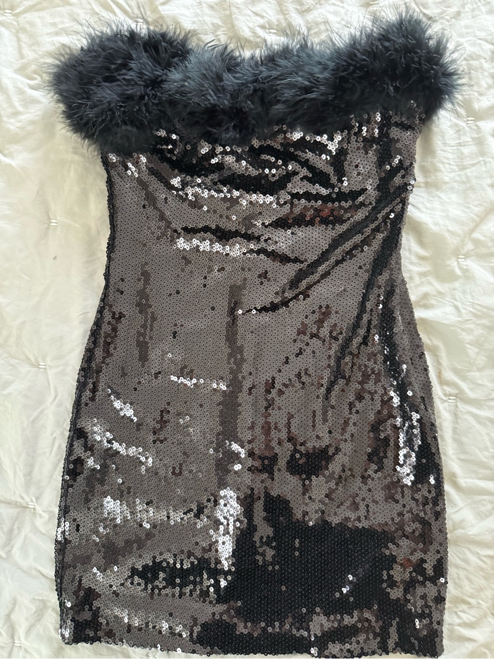 Forever 21 Black Sequin Strapless Mini Dress with Feather Trim